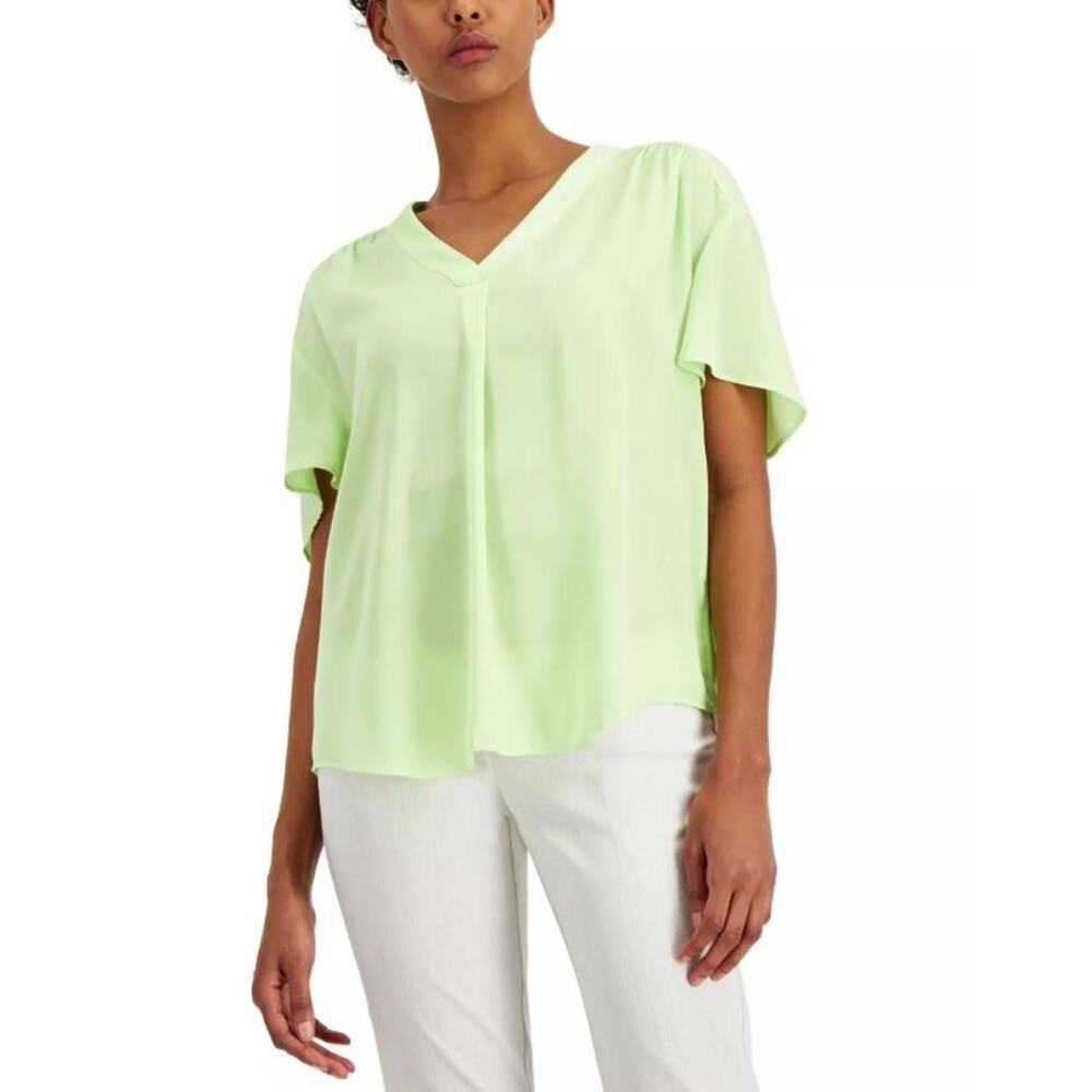 Alfani Women's Shirred V-Neck‎ Short Sleeve Top in Melon Sky Small $60